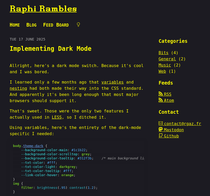 A screenshot of this page in an alternate version of dark mode with bright yellow text.