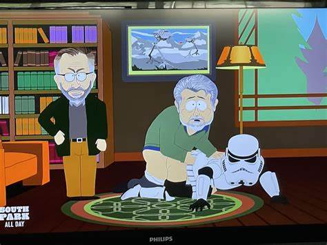 South Parj animated scene in which George Lucas molesting a stormtrooper while Steven Spielberg watches.