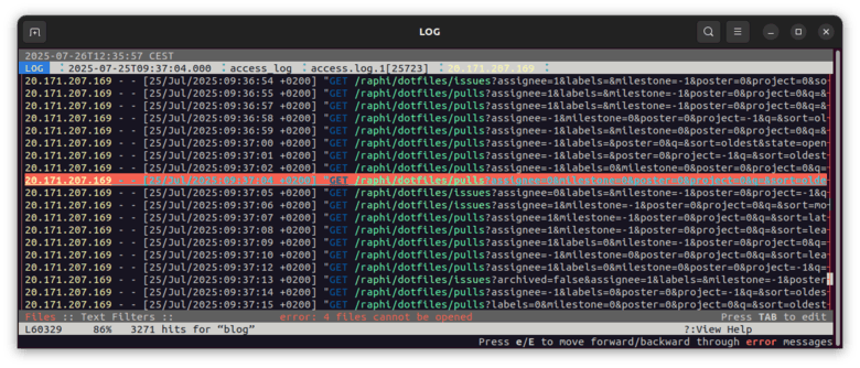 Server logs, showing an uninterrupted flow of request from the same IP address.