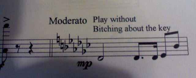 Sheet music, with an indication to play 'without bitching about the key'